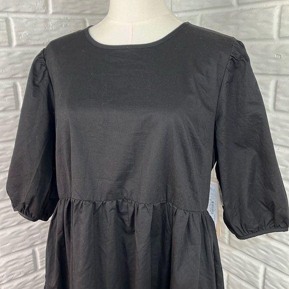 AQUA FROM BLOOMINGDALE’S PUFF SLEEVE TIERED BLACK COTTON DRESS  POCKETS MED NWT - Picture 3 of 14